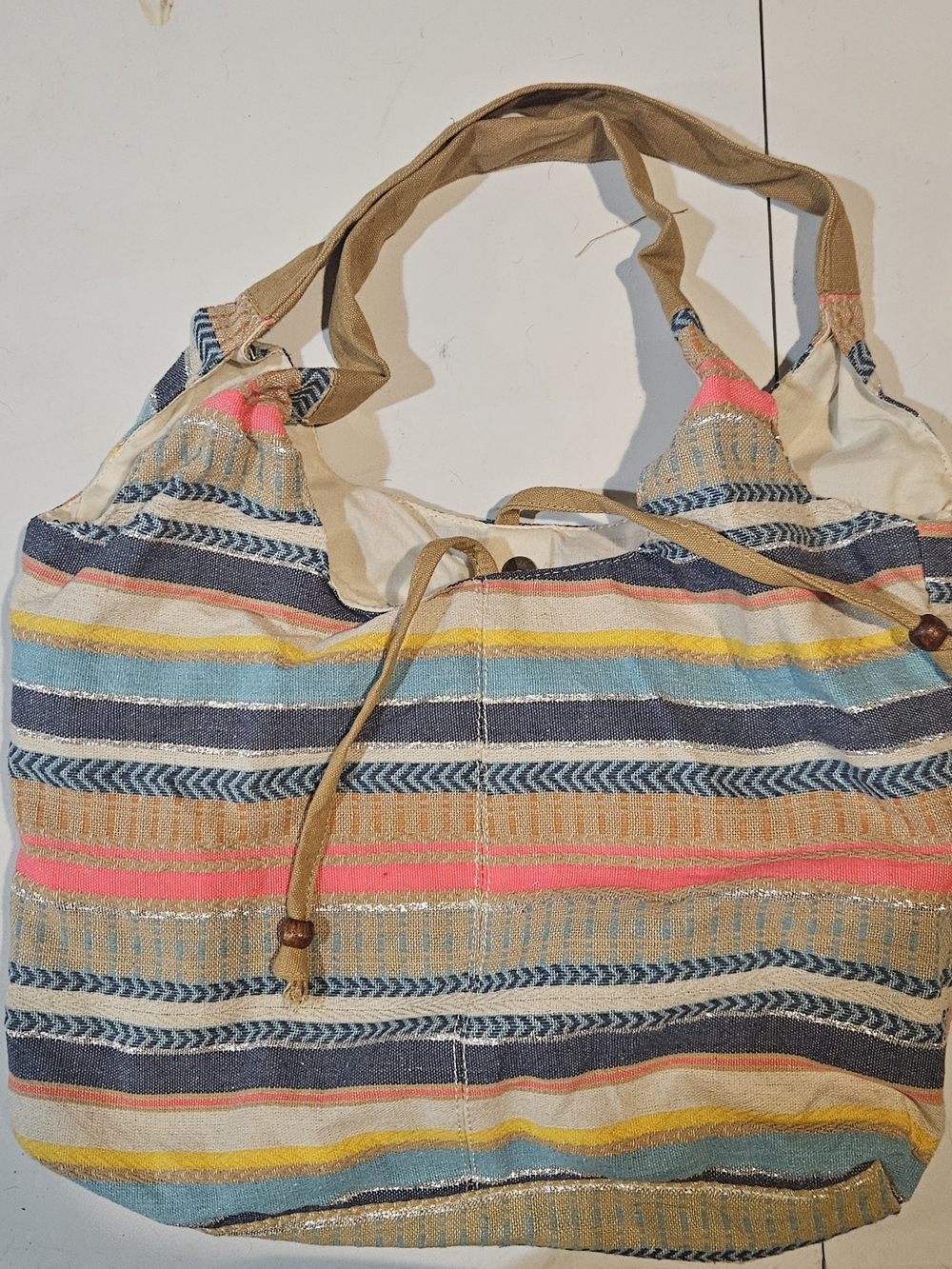 Source Unknown Multicolor Striped Canvas Tote with Rope Drawstring